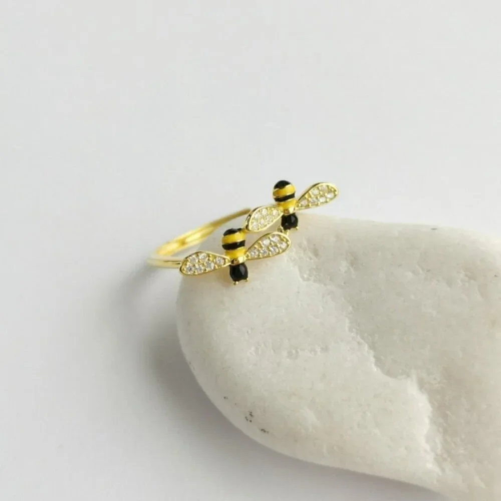 CZ enamel Bee Bees ring 14k Gold over Sterling Silver size 7
